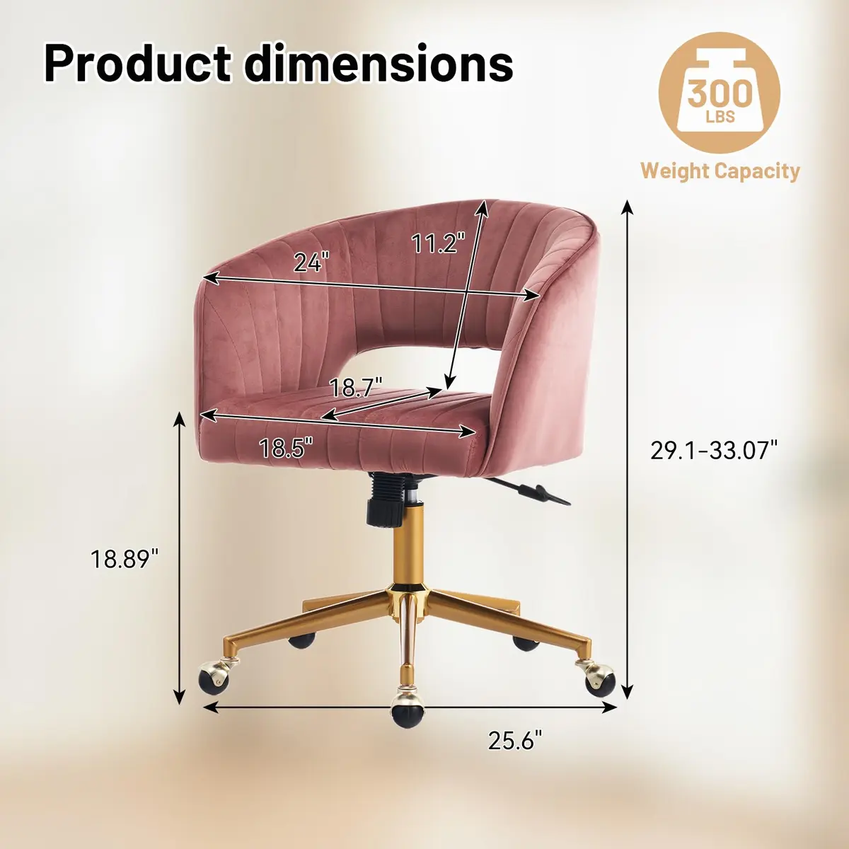 FENFSHE Velvet Vanity Chair with Swivel & Gold Base | 360° Rotation, Pink, 19.3 inches W x 23.6 inches D x 35 inches H - view 2