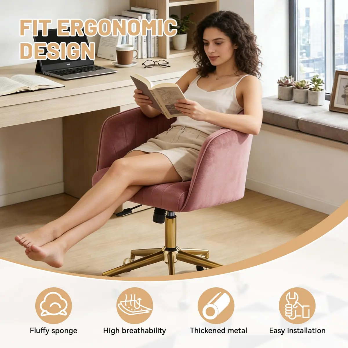 FENFSHE Velvet Vanity Chair with Swivel & Gold Base | 360° Rotation, Pink, 19.3 inches W x 23.6 inches D x 35 inches H - view 3