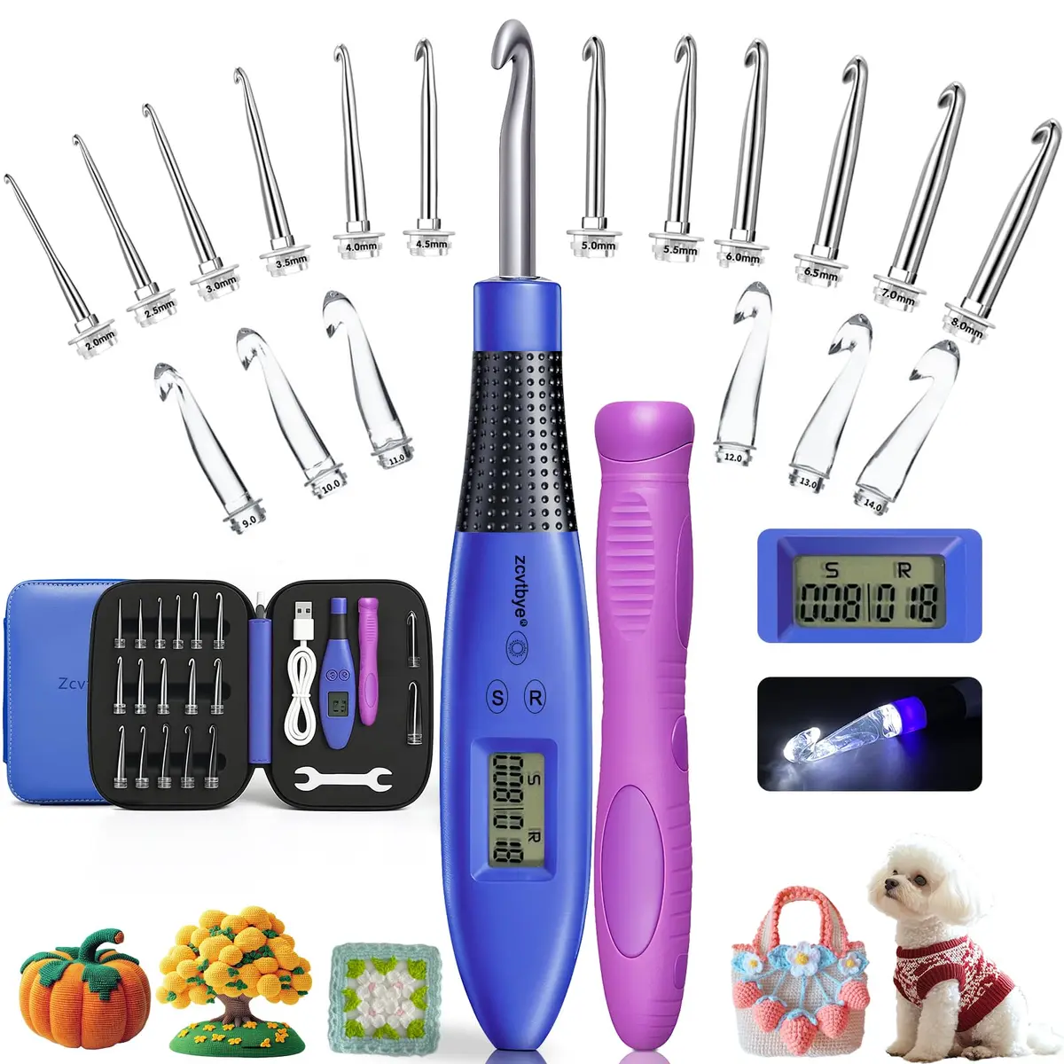 Zcvtbye Light Up Crochet Hooks Set, 18 Sizes with Digital Counters & LED Light | Ergonomic & Rechargeable - main product image