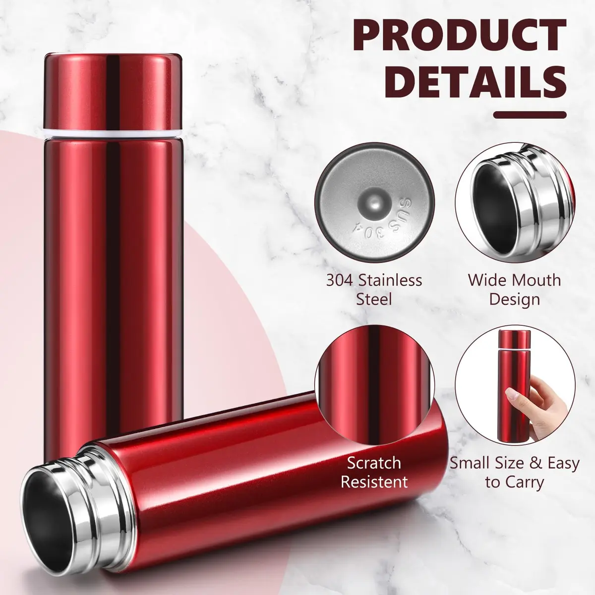 Vesici 4 Pack 4.4oz (130ml) Mini Insulated Water Bottles, Red | Pocket-Sized Hydration On-the-Go - view 3