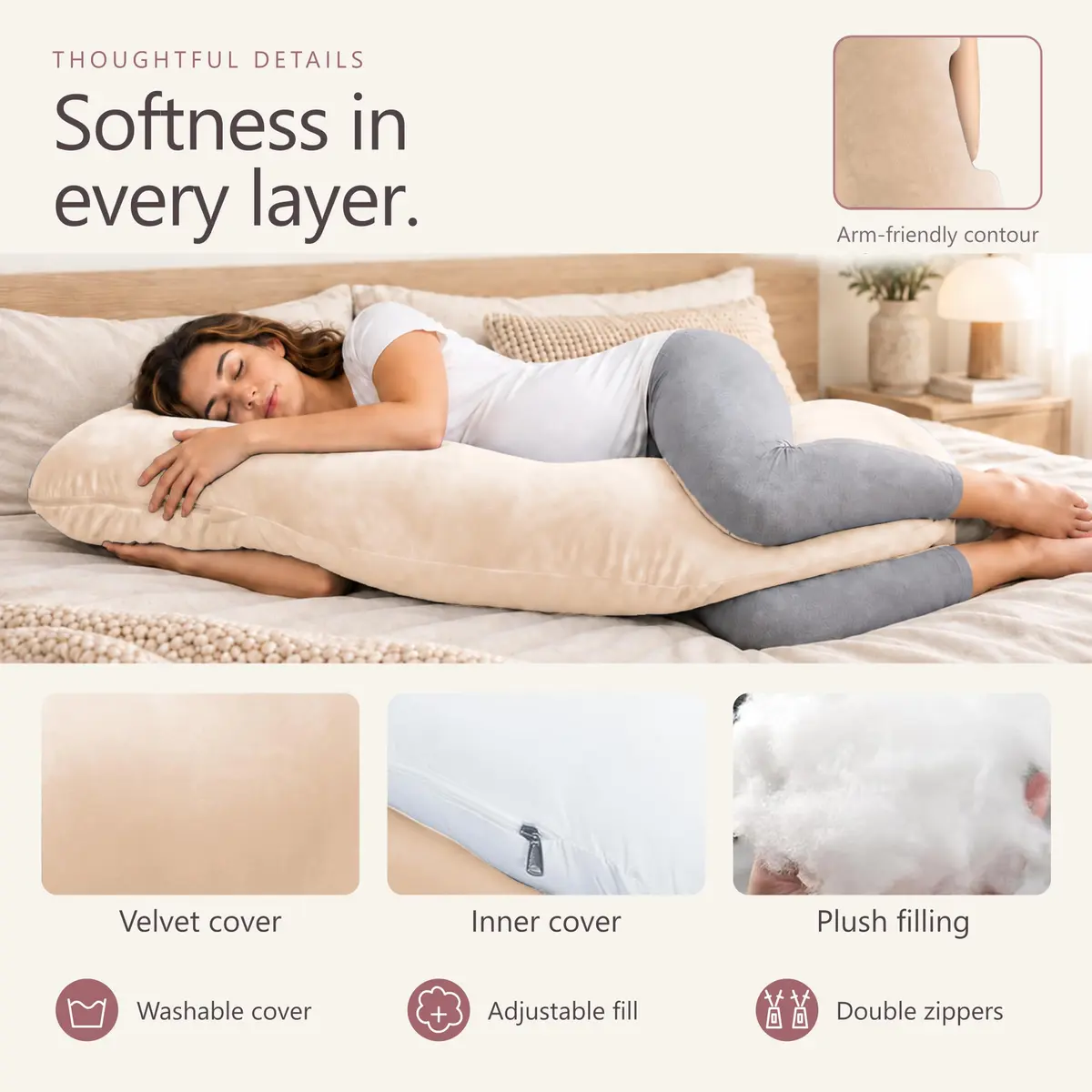 MOON PARK Pregnancy Pillow 57 Inch U Shaped Full Body Maternity Support for Back, Legs, Belly, Hips - Brown - view 4