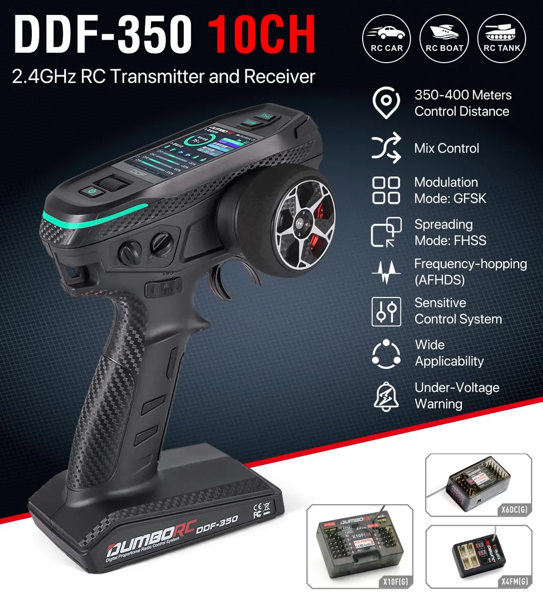 DUMBORC DDF-350 RC Radio Transmitter and Receiver 10 Channel HD Screen | 10-Channel Control for RC Cars, Boats, Tanks - view 2