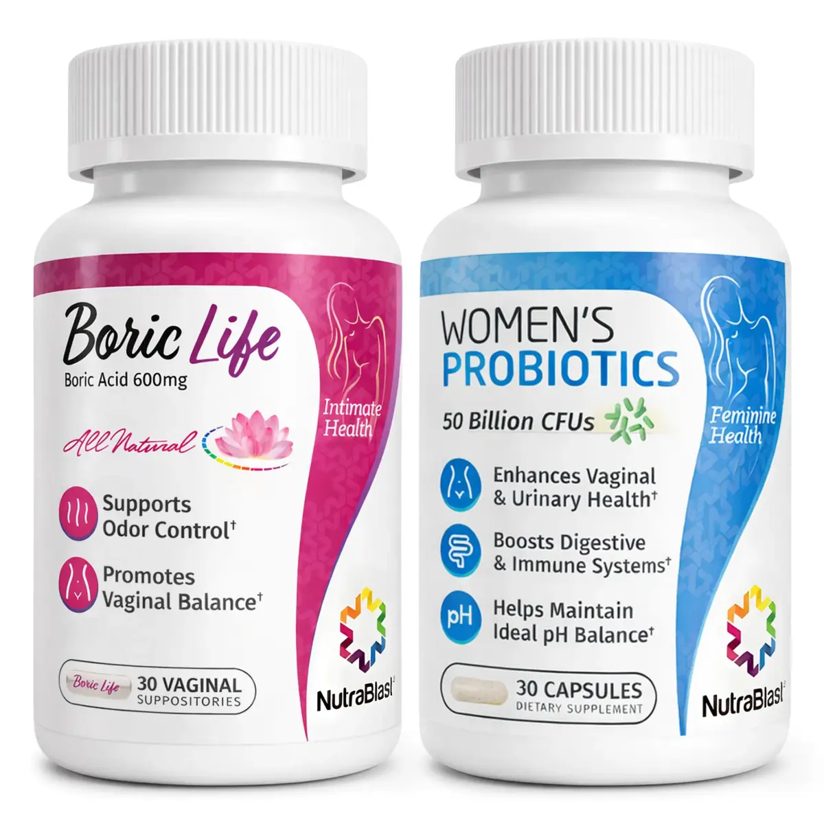 NutraBlast Boric Acid Suppositories Bundle with Women's Probiotics 60 Count | Supports Odor Control, Intimate Health Support, 100% Pure, Vegetable Capsules, Made in USA - main product image