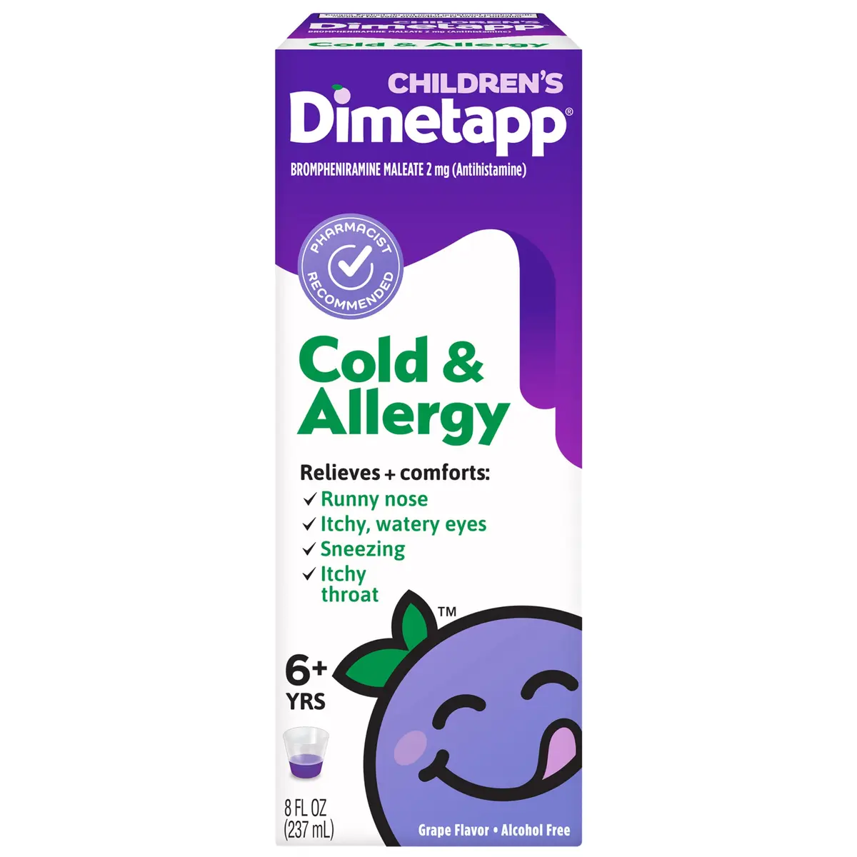 Dimetapp Children’s Cold & Allergy Liquid, Grape Flavor, 8 fl oz | Multi-symptom relief for kids - main product image