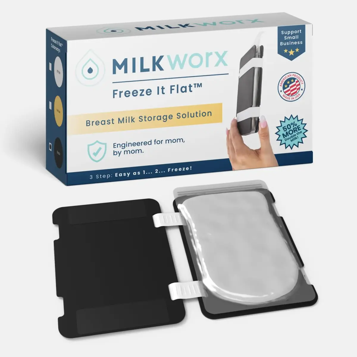 MilkWorx Freeze It Flat Breastmilk Freezer Storage System Black Single 20-pk | USA-Made Organizer for 70+ oz per Gallon Bag - main product image