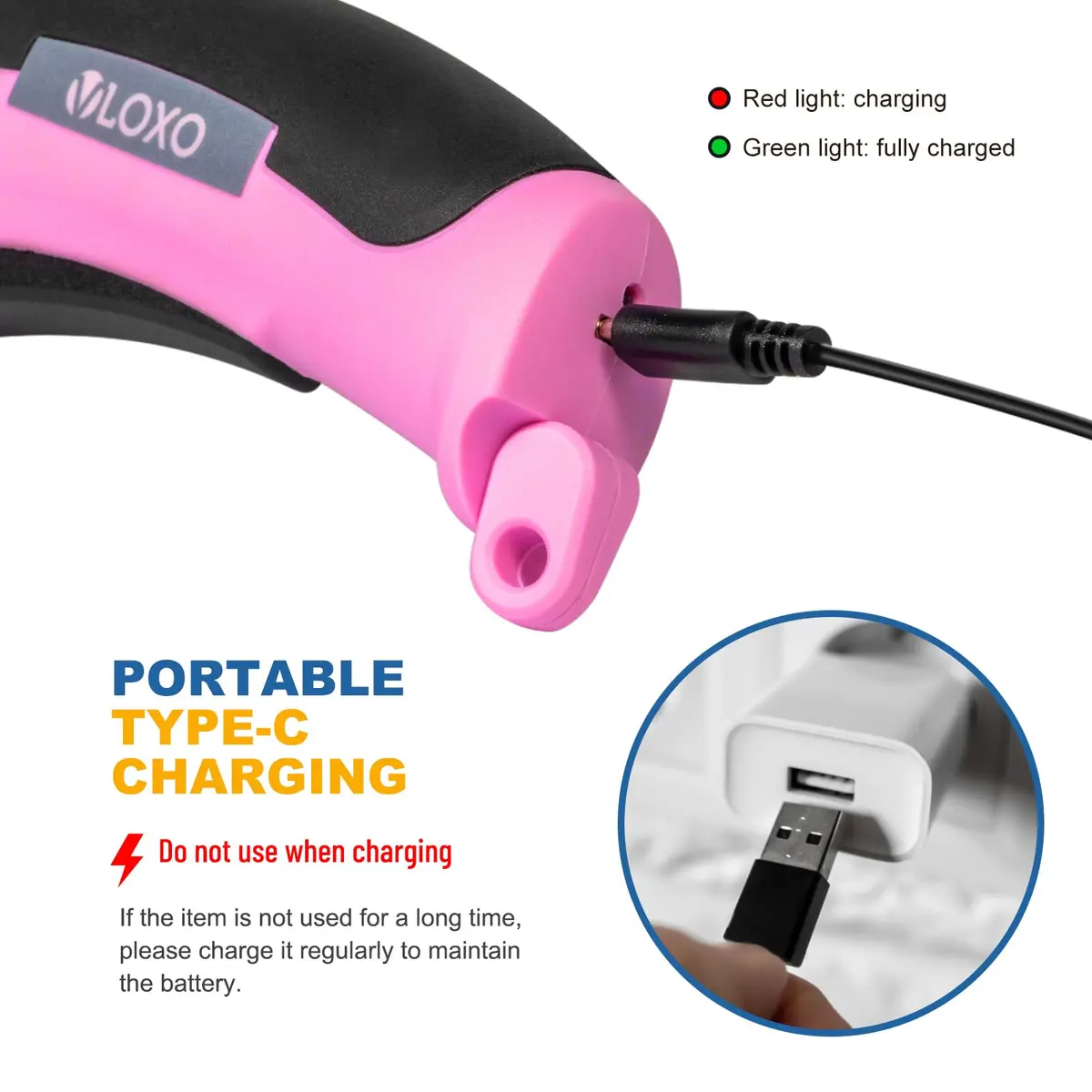 VLOXO Cordless Electric Scissors Cutter with Replacement Blade & Type-C Cable, 0.38 kg (0.87 lbs) Pink | Cuts Cardboard, Leather, Fabric, Carpet - view 7
