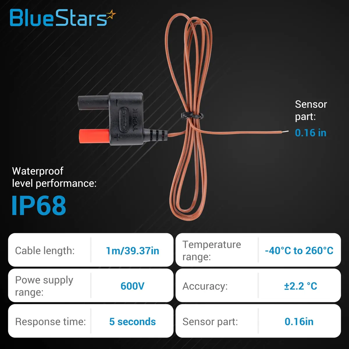BlueStars 80BK-A Type K Thermocouple Bead Probe 1m (3.28ft) | Accurate to ±2.2°C for Fluke Multimeters - view 2
