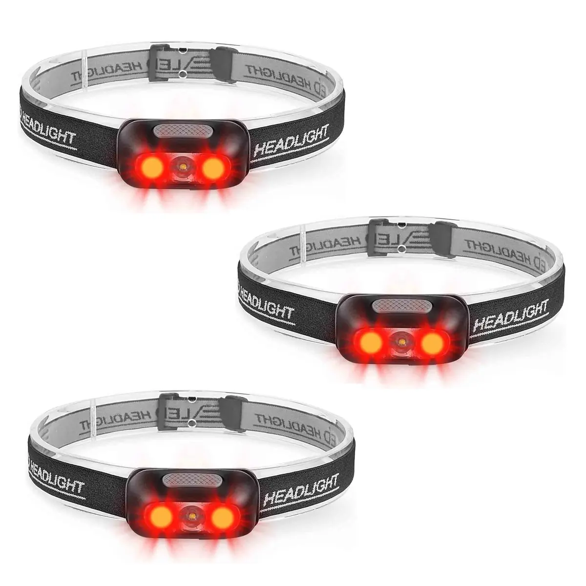 Geekhigh 3 Pack Rechargeable LED Headlamp 500 Lumens | 5 Light Modes, IP54 Waterproof, Red & White Light, Adjustable Strap (3 Pack) - main product image
