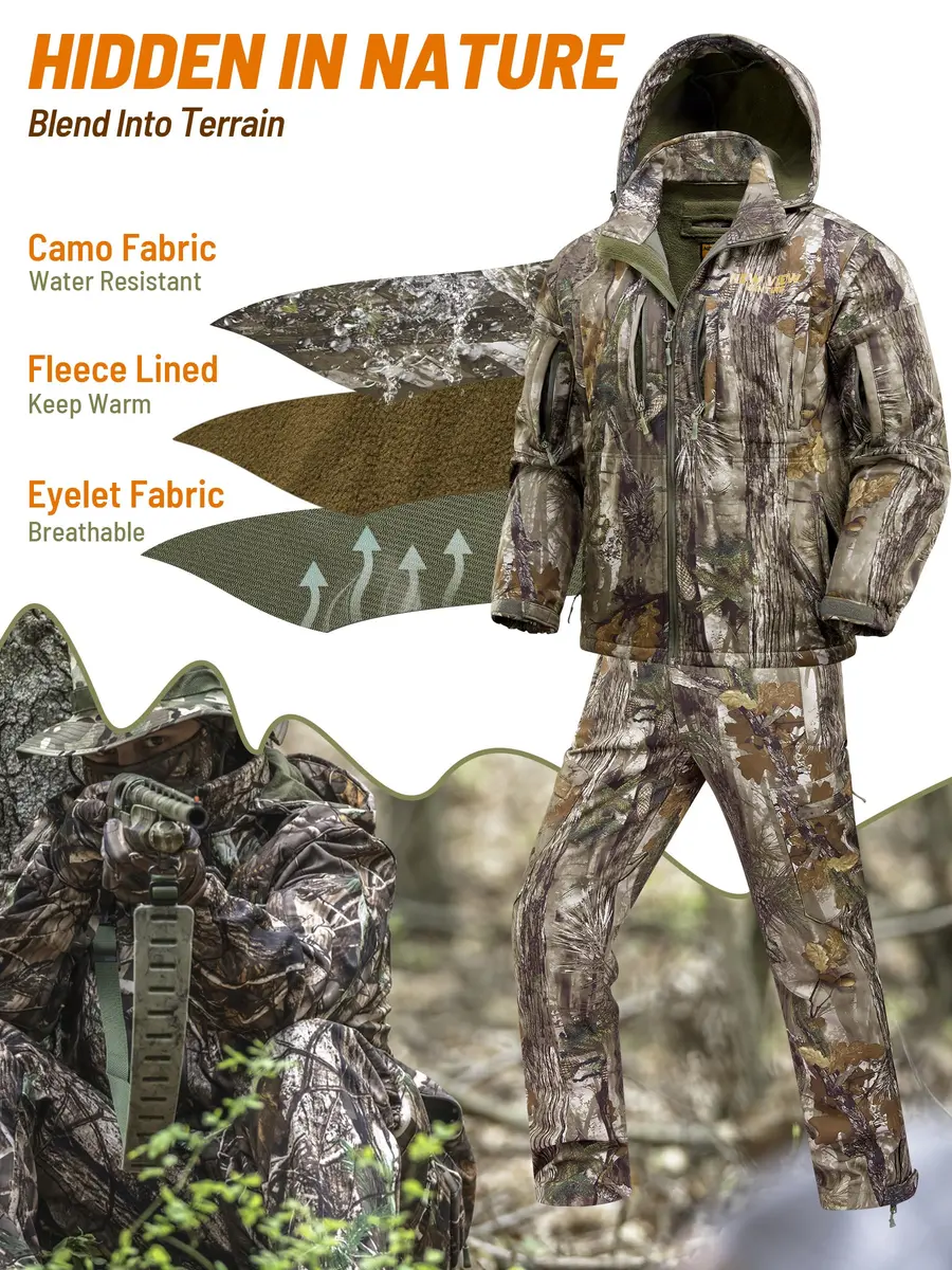 NEW VIEW Camo Hunting Clothes for Men, Quiet Warm Fleece Lining, Cold Weather Deer Hunting Jacket and Pants with Face Mask | Water-Resistant, Winter Ready - view 2