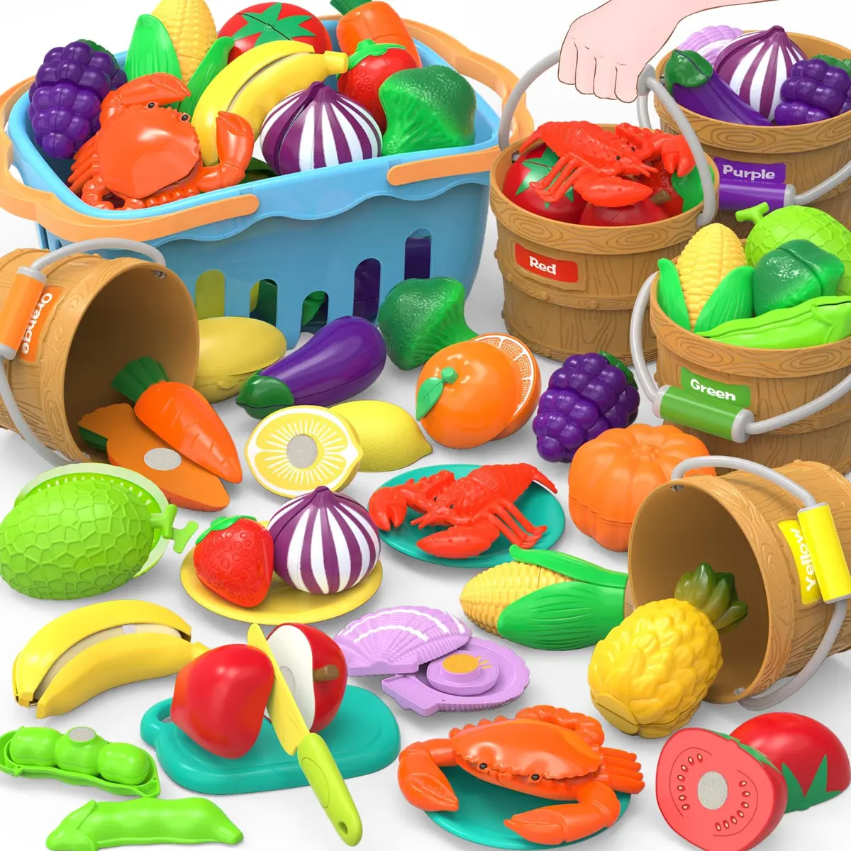 MOEAWS Play Food Toys with Shopping Basket, Cutting Food Set for Toddlers 3+ | Bright, Safe & Realistic - main product image