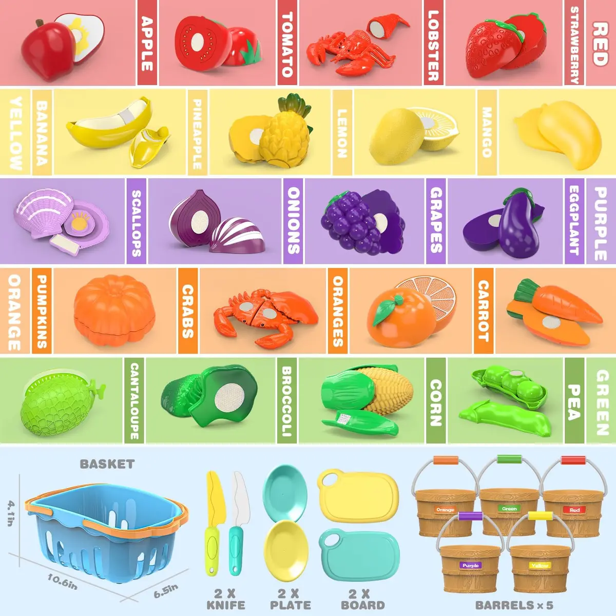 MOEAWS Play Food Toys with Shopping Basket, Cutting Food Set for Toddlers 3+ | Bright, Safe & Realistic - view 6
