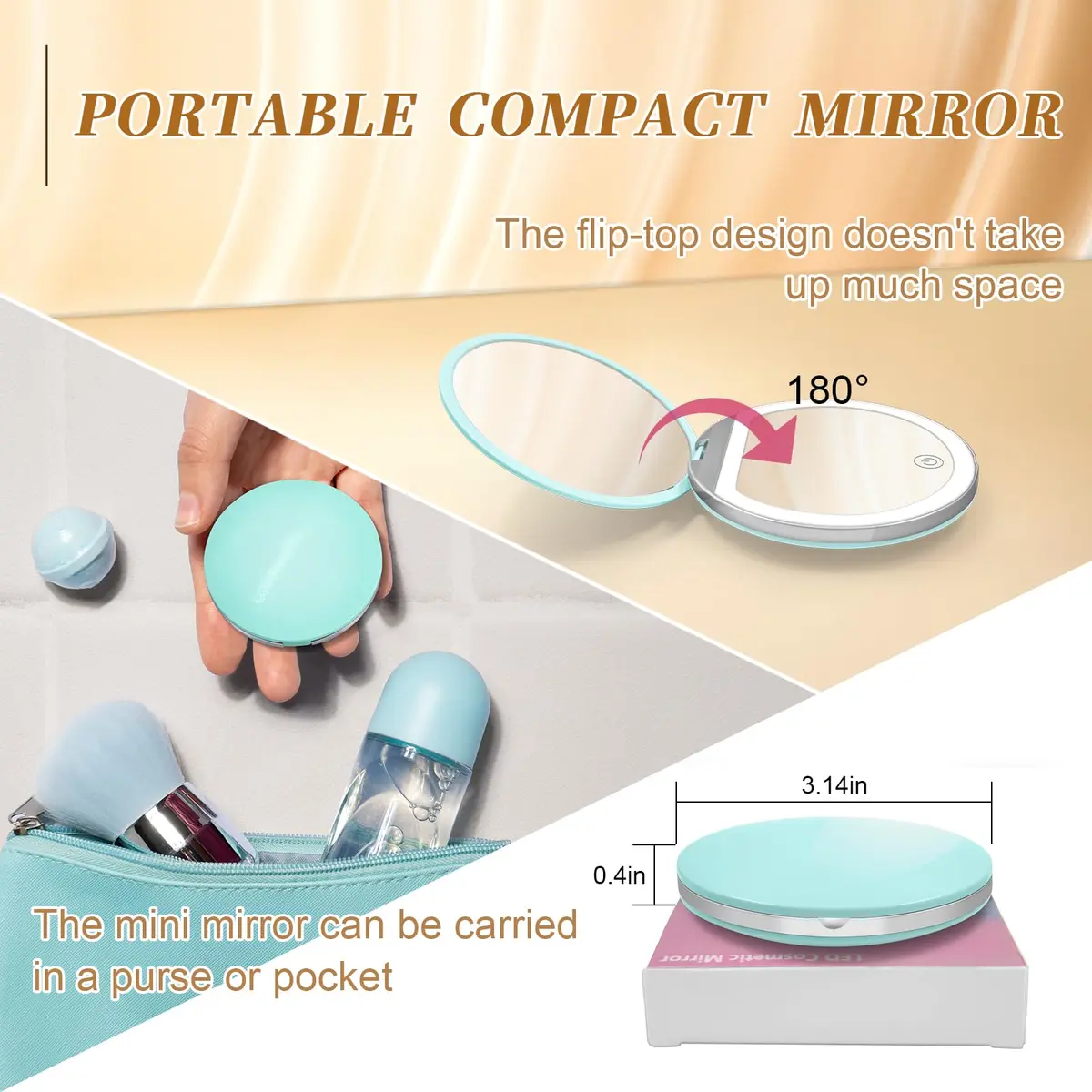 Kakuje Mint Green Compact Mirror with Light, 1X/3X Magnification LED Pocket Mirror | Portable Travel Makeup Mirror - view 6