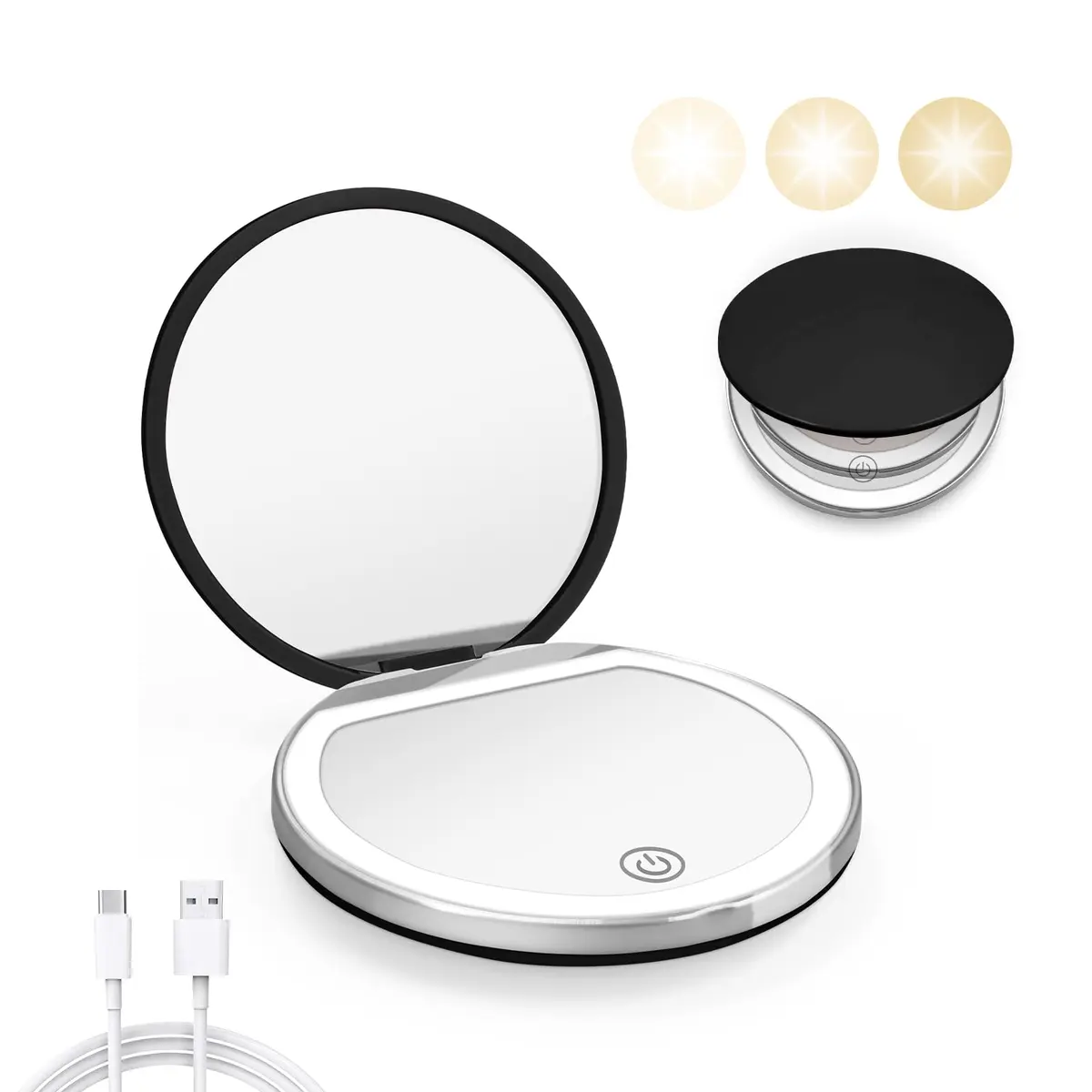 Kakuje Black Compact Mirror with Light, 1X/3X Magnification LED Pocket Mirror 7.9cm (3.1"L x 3.1"W) - main product image