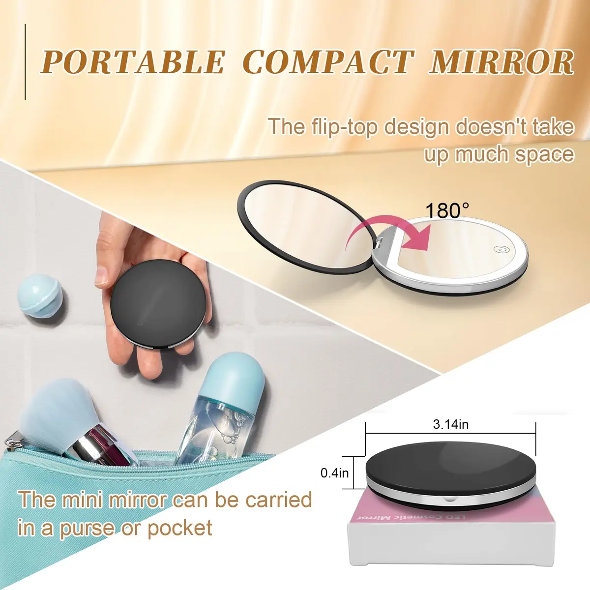 Kakuje Black Compact Mirror with Light, 1X/3X Magnification LED Pocket Mirror 7.9cm (3.1"L x 3.1"W) - view 6
