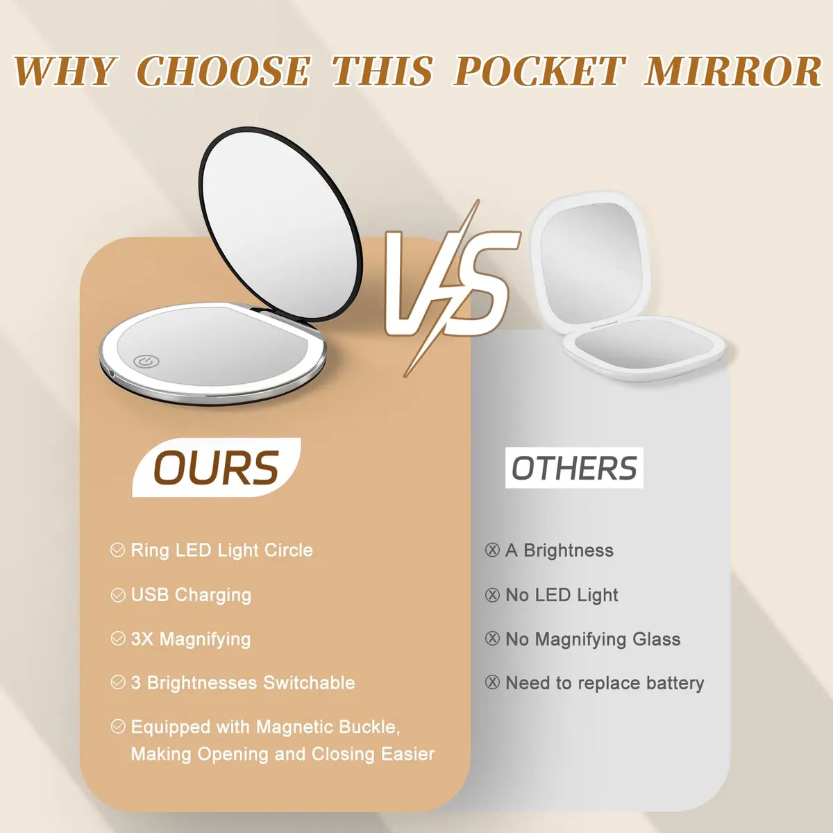 Kakuje Black Compact Mirror with Light, 1X/3X Magnification LED Pocket Mirror 7.9cm (3.1"L x 3.1"W) - view 7