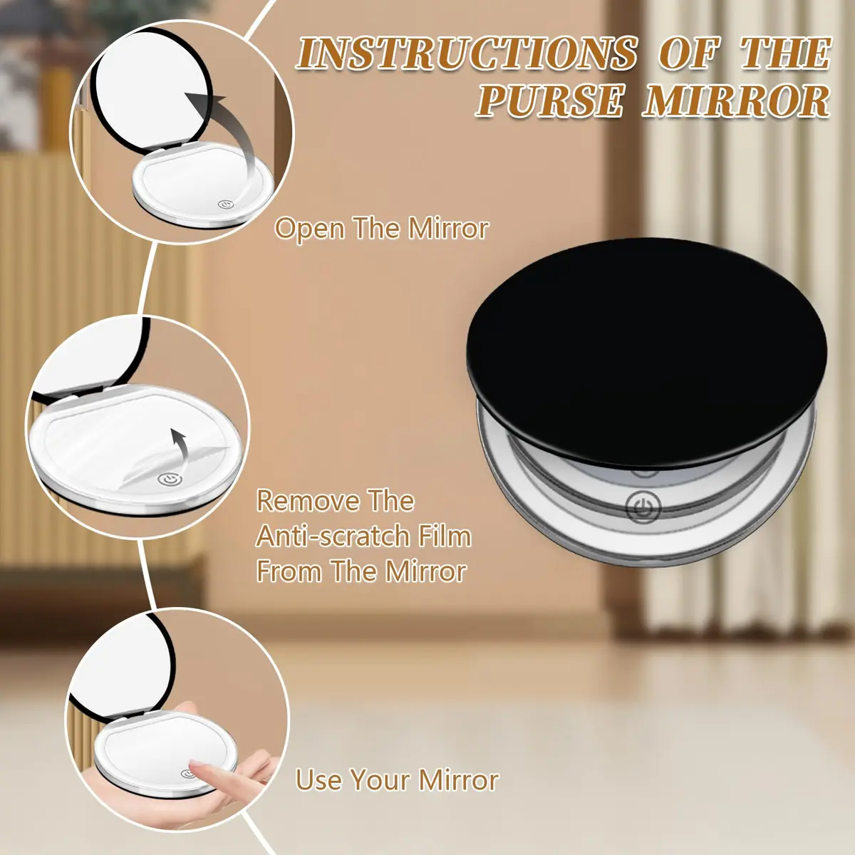 Kakuje Black Compact Mirror with Light, 1X/3X Magnification LED Pocket Mirror 7.9cm (3.1"L x 3.1"W) - view 3