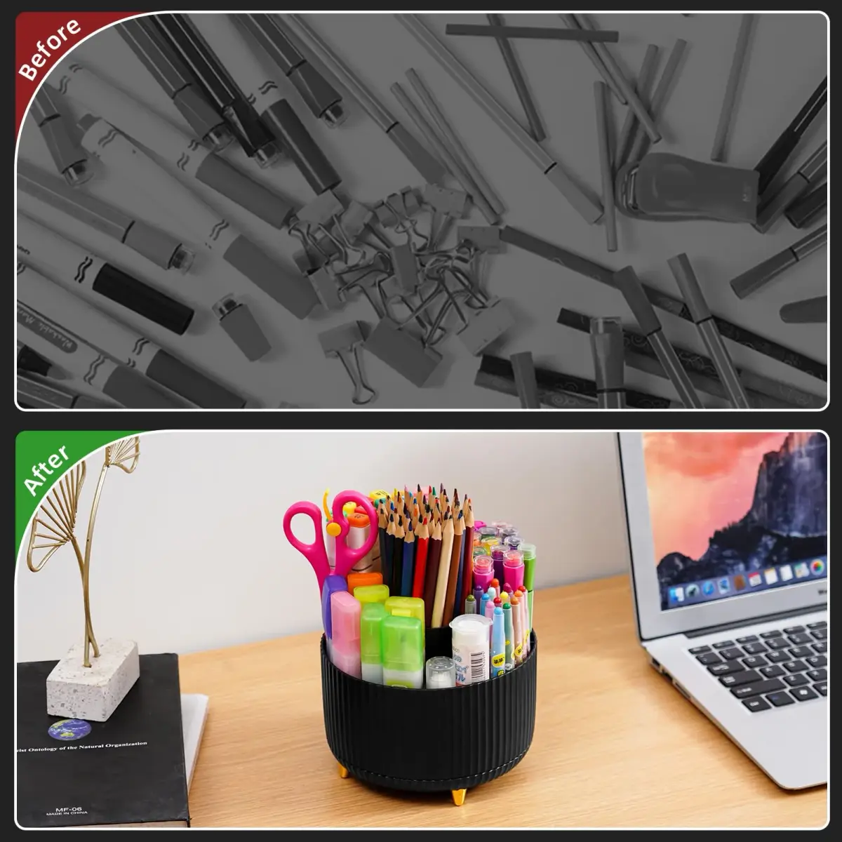 Marbrasse 360° Rotating Desk Organizer with 5 Compartments | Smoothly Spins for Office, Home, Craft Supplies (Black) - view 7
