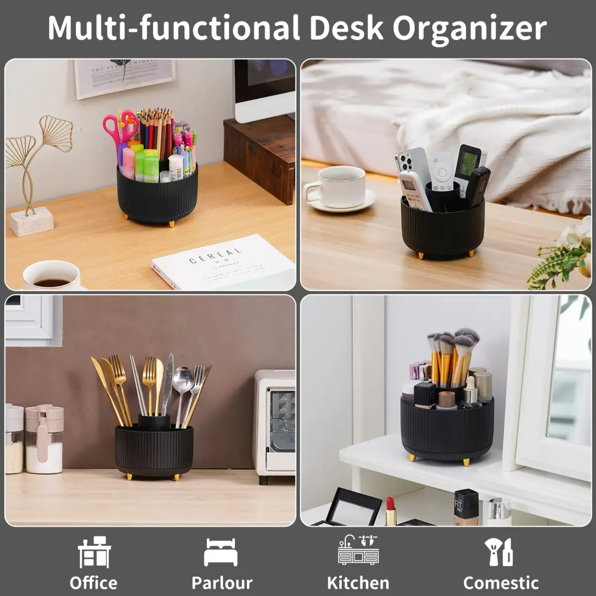 Marbrasse 360° Rotating Desk Organizer with 5 Compartments | Smoothly Spins for Office, Home, Craft Supplies (Black) - view 2