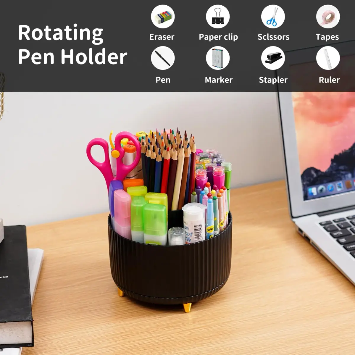 Marbrasse 360° Rotating Desk Organizer with 5 Compartments | Smoothly Spins for Office, Home, Craft Supplies (Black) - view 3