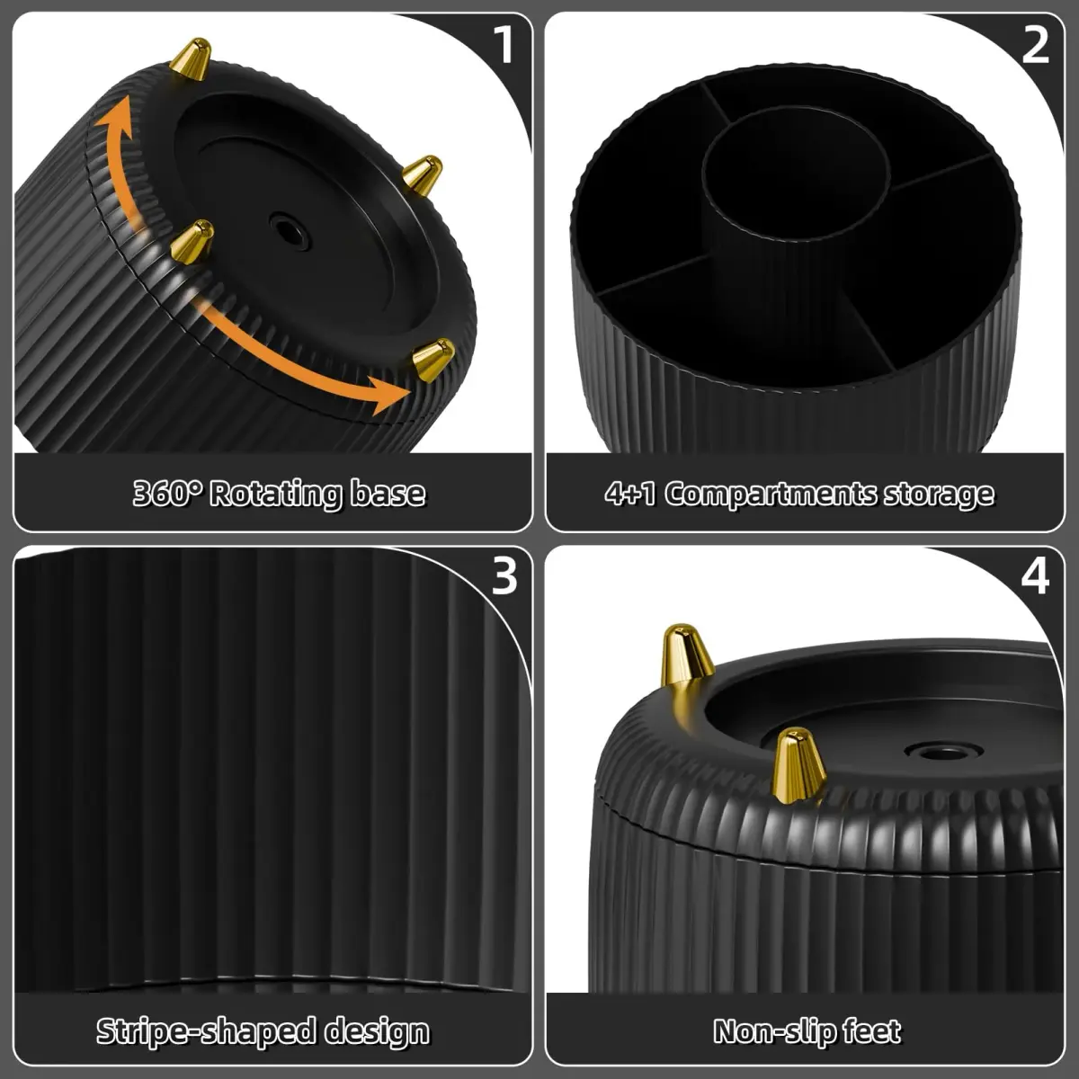 Marbrasse 360° Rotating Desk Organizer with 5 Compartments | Smoothly Spins for Office, Home, Craft Supplies (Black) - view 4
