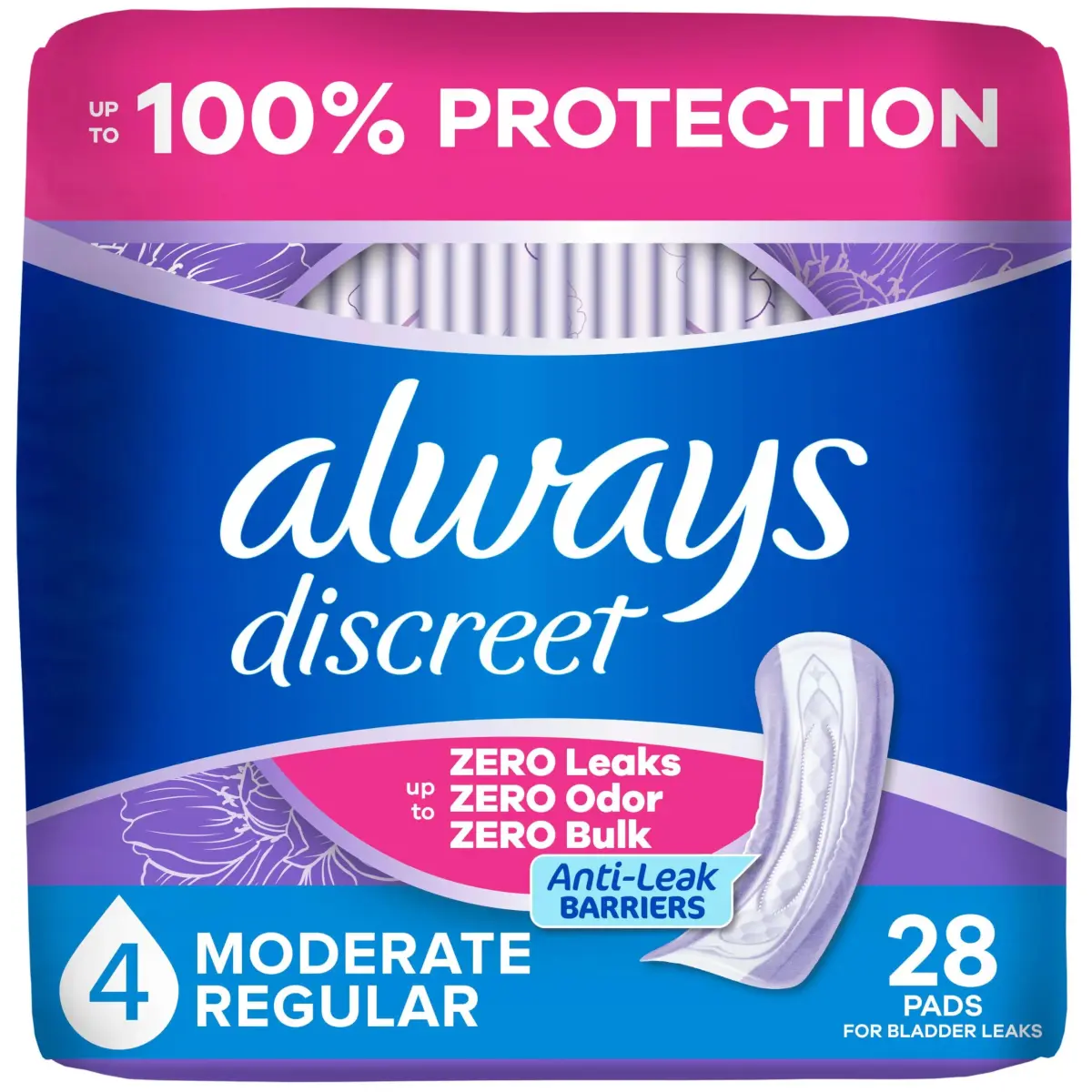 Always Discreet Adult Incontinence Pads for Women, Drier, Regular Length, Moderate Absorbency, 66ct | RapidDry Core Holds 5x Average Leak - main product image