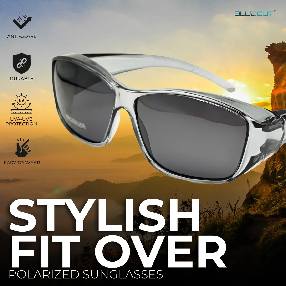 BLUE CUT Fit Over Polarized Sunglasses Light Grey | UV & Glare Block for Large Glasses - view 2