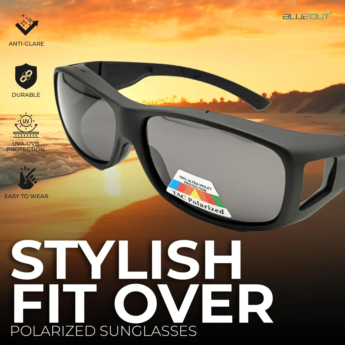 BLUE CUT Fit Over Polarized Sunglasses for Large Prescription Glasses - Black Matt | Wear Over Glasses - view 2