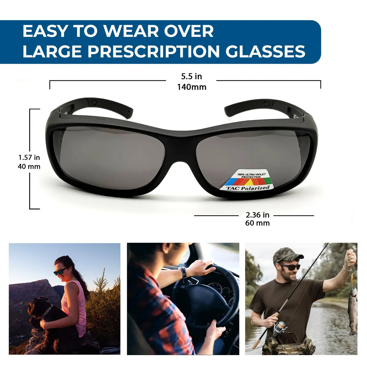 BLUE CUT Fit Over Polarized Sunglasses for Large Prescription Glasses - Black Matt | Wear Over Glasses - view 4