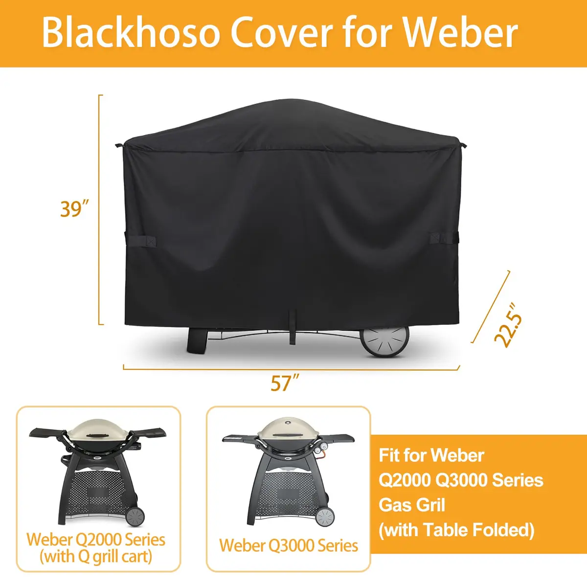 Blackhoso Heavy Duty Grill Cover for Weber Q2000-Q3200 Grills, 57"L x 22.5"W x 39"H | Waterproof, UV Resistant, Windproof - view 3