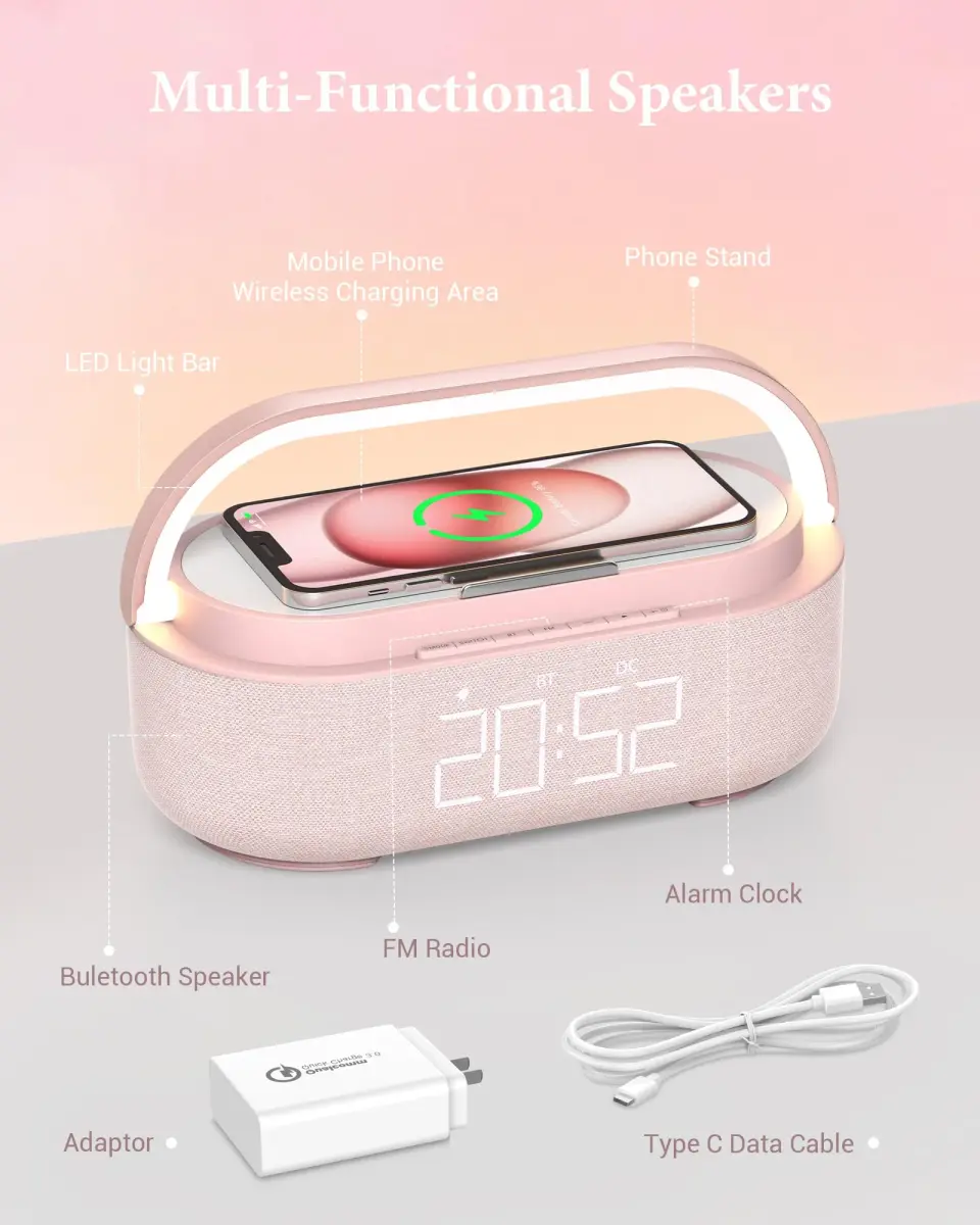 COLSUR Bluetooth Speaker Alarm Clock & Wireless Charger with FM Radio, Night Light, Phone Holder - Pink - view 5