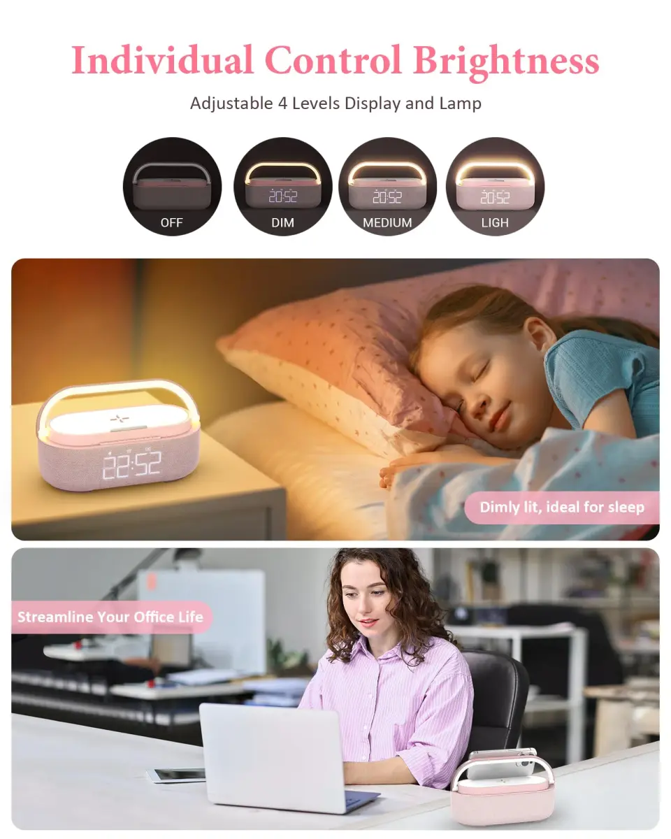 COLSUR Bluetooth Speaker Alarm Clock & Wireless Charger with FM Radio, Night Light, Phone Holder - Pink - view 6