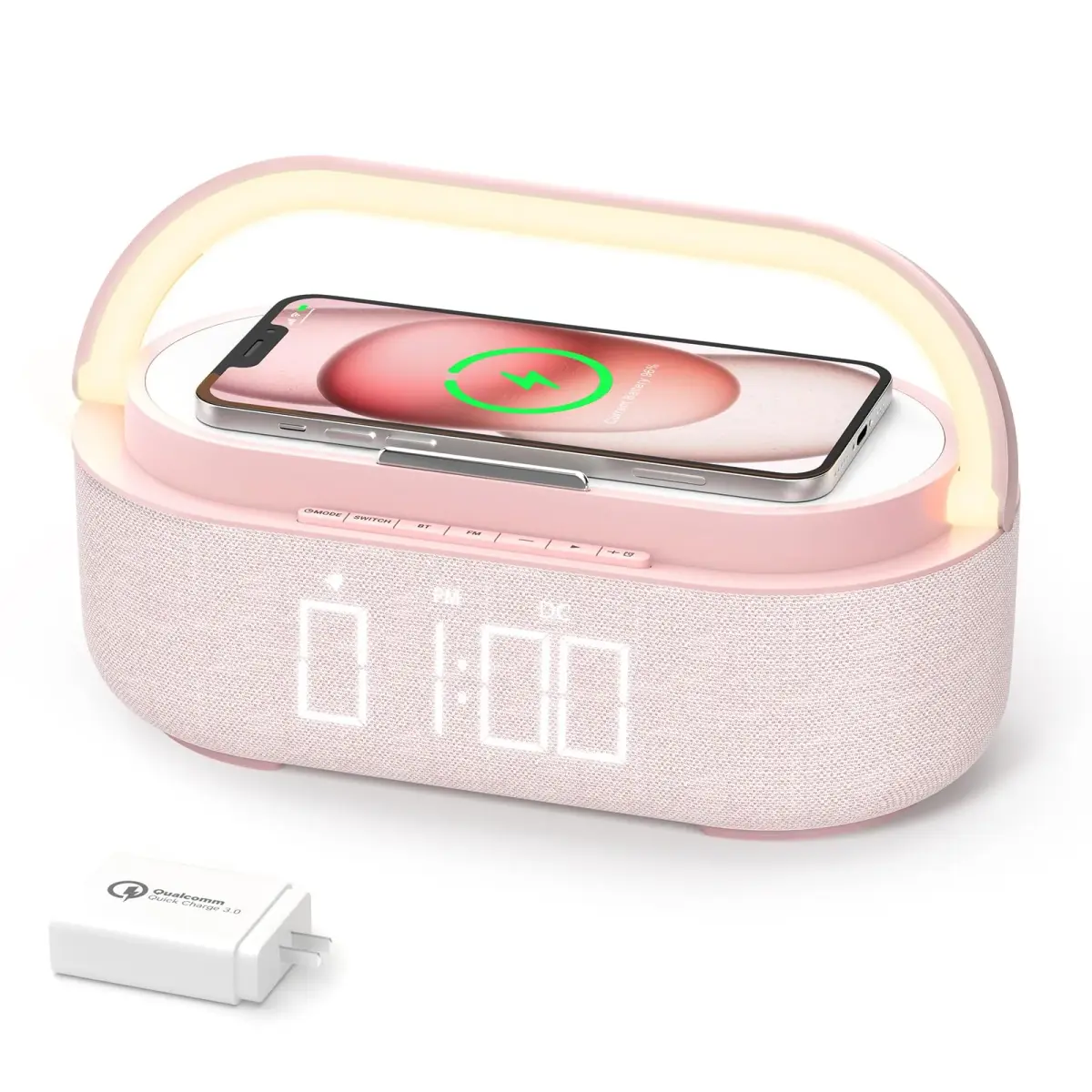 COLSUR Bluetooth Speaker Alarm Clock & Wireless Charger with FM Radio, Night Light, Phone Holder - Pink - main product image