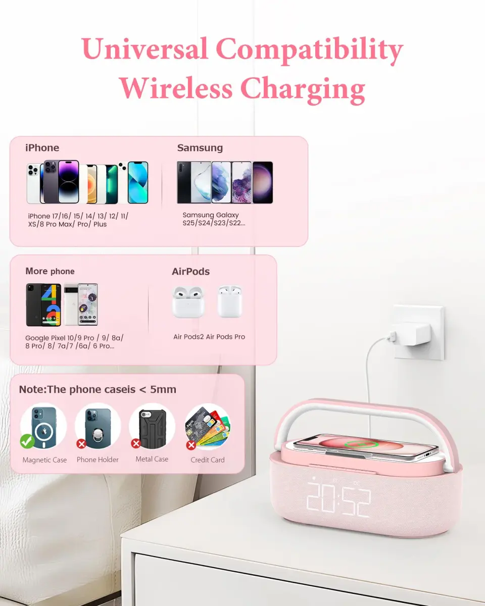 COLSUR Bluetooth Speaker Alarm Clock & Wireless Charger with FM Radio, Night Light, Phone Holder - Pink - view 7