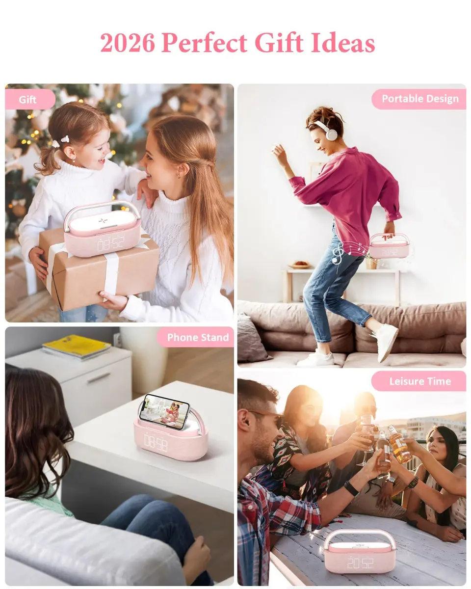 COLSUR Bluetooth Speaker Alarm Clock & Wireless Charger with FM Radio, Night Light, Phone Holder - Pink - view 8