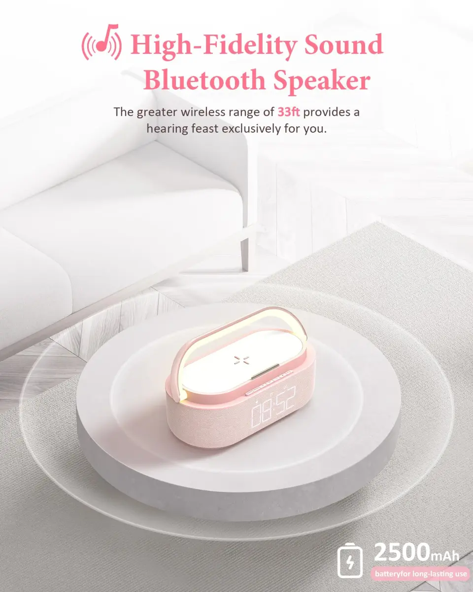 COLSUR Bluetooth Speaker Alarm Clock & Wireless Charger with FM Radio, Night Light, Phone Holder - Pink - view 2