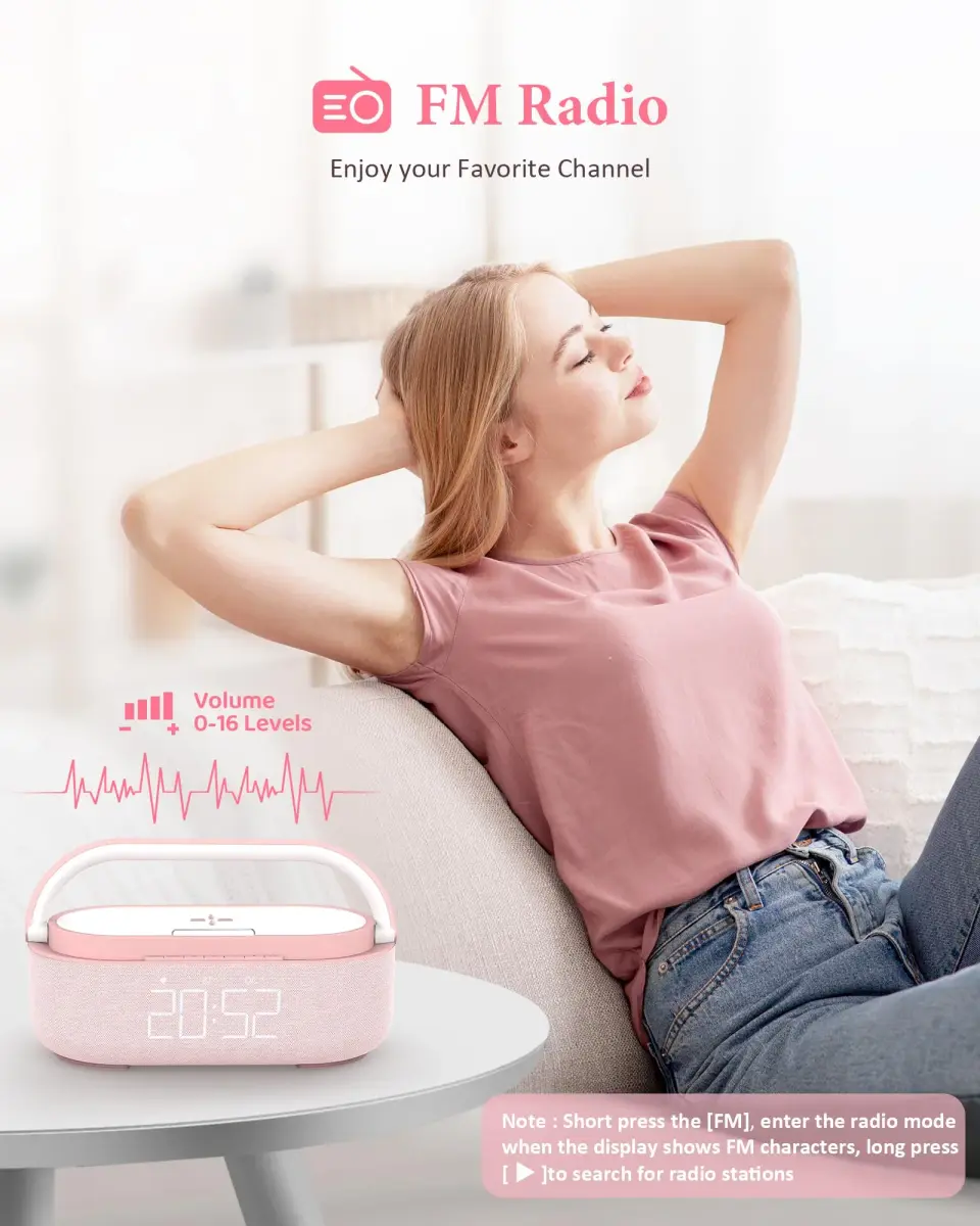 COLSUR Bluetooth Speaker Alarm Clock & Wireless Charger with FM Radio, Night Light, Phone Holder - Pink - view 3