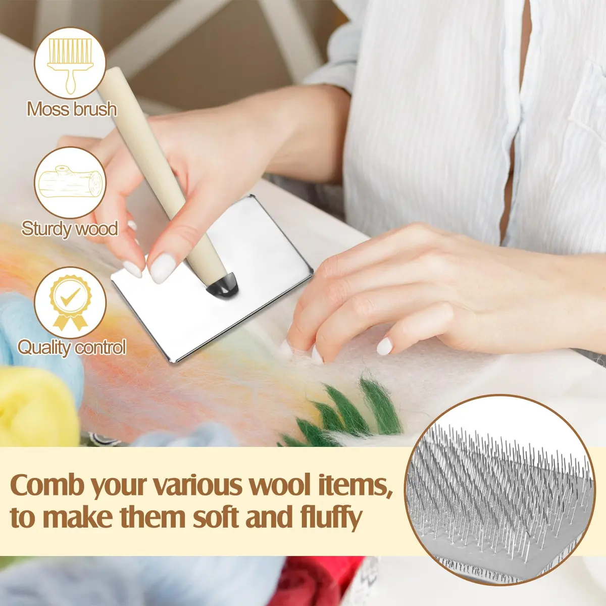 Tessco for you Wool Carder Brush Set 18cm (7.09 Inch) | Classic Wood Handle, Steel Wire for Needle Felting & Pet Grooming - view 5