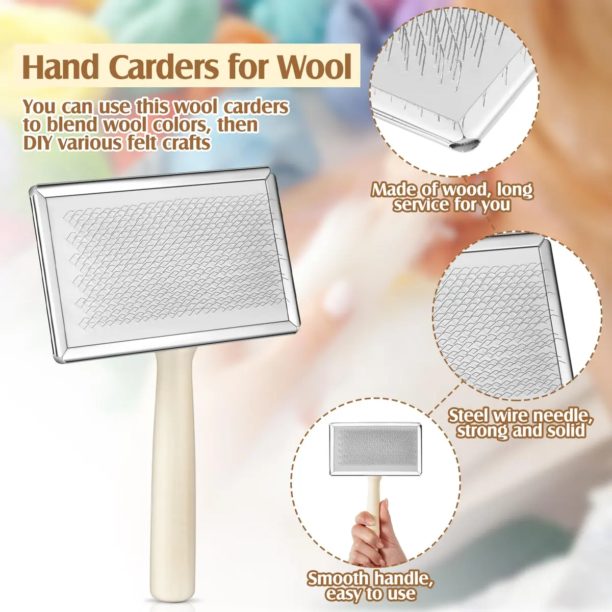 Tessco for you Wool Carder Brush Set 18cm (7.09 Inch) | Classic Wood Handle, Steel Wire for Needle Felting & Pet Grooming - view 2