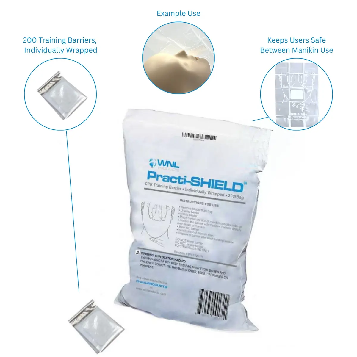 WNL Products Practi-SHIELD CPR Training Shields, 200-Pack | Individually Wrapped Latex-Free Barrier Protection - view 2