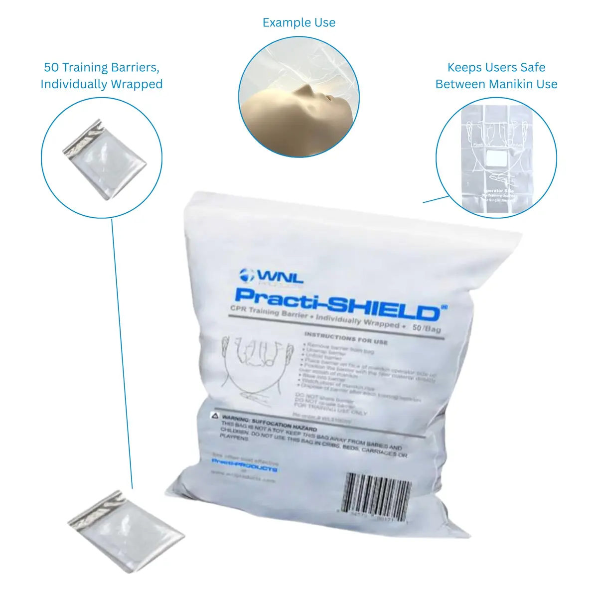 WNL Products WL3150IW CPR Manikin Shields, 50 Individually Wrapped - view 3
