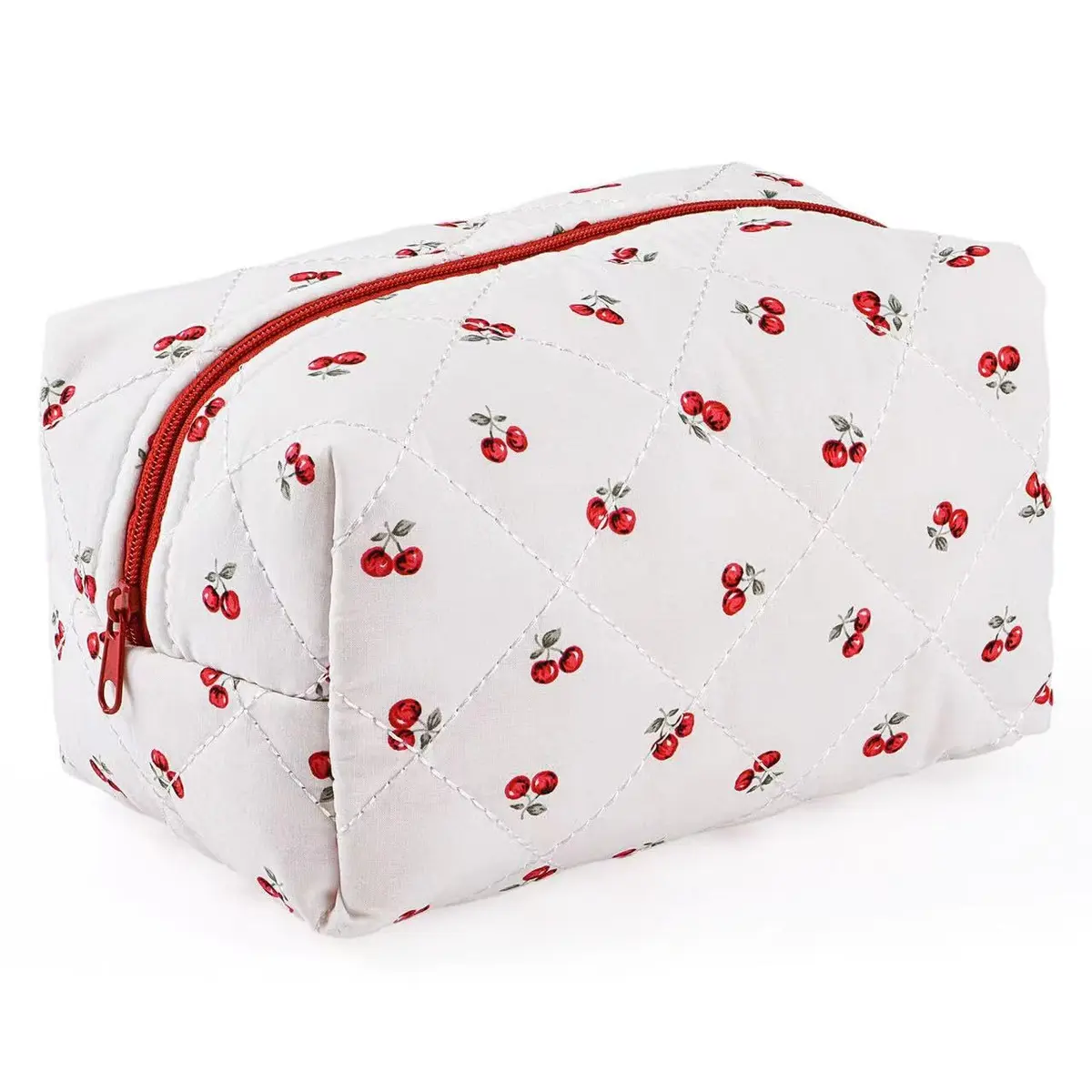 MZLUWM Quilted Floral Makeup Bag, Cherry, 19.8cm x 10cm x 10cm | Cute Cherry Make up Bag with Zipper - main product image