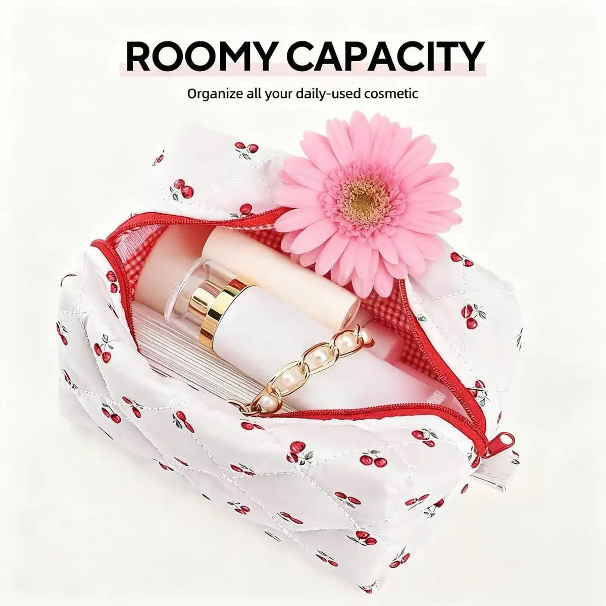 MZLUWM Quilted Floral Makeup Bag, Cherry, 19.8cm x 10cm x 10cm | Cute Cherry Make up Bag with Zipper - view 2