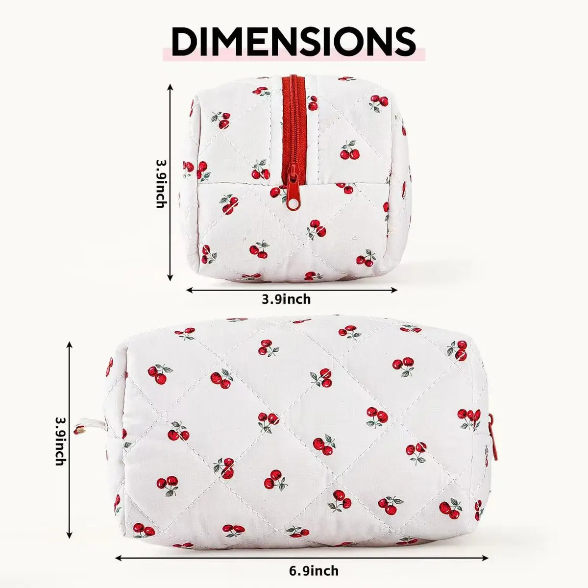 MZLUWM Quilted Floral Makeup Bag, Cherry, 19.8cm x 10cm x 10cm | Cute Cherry Make up Bag with Zipper - view 4