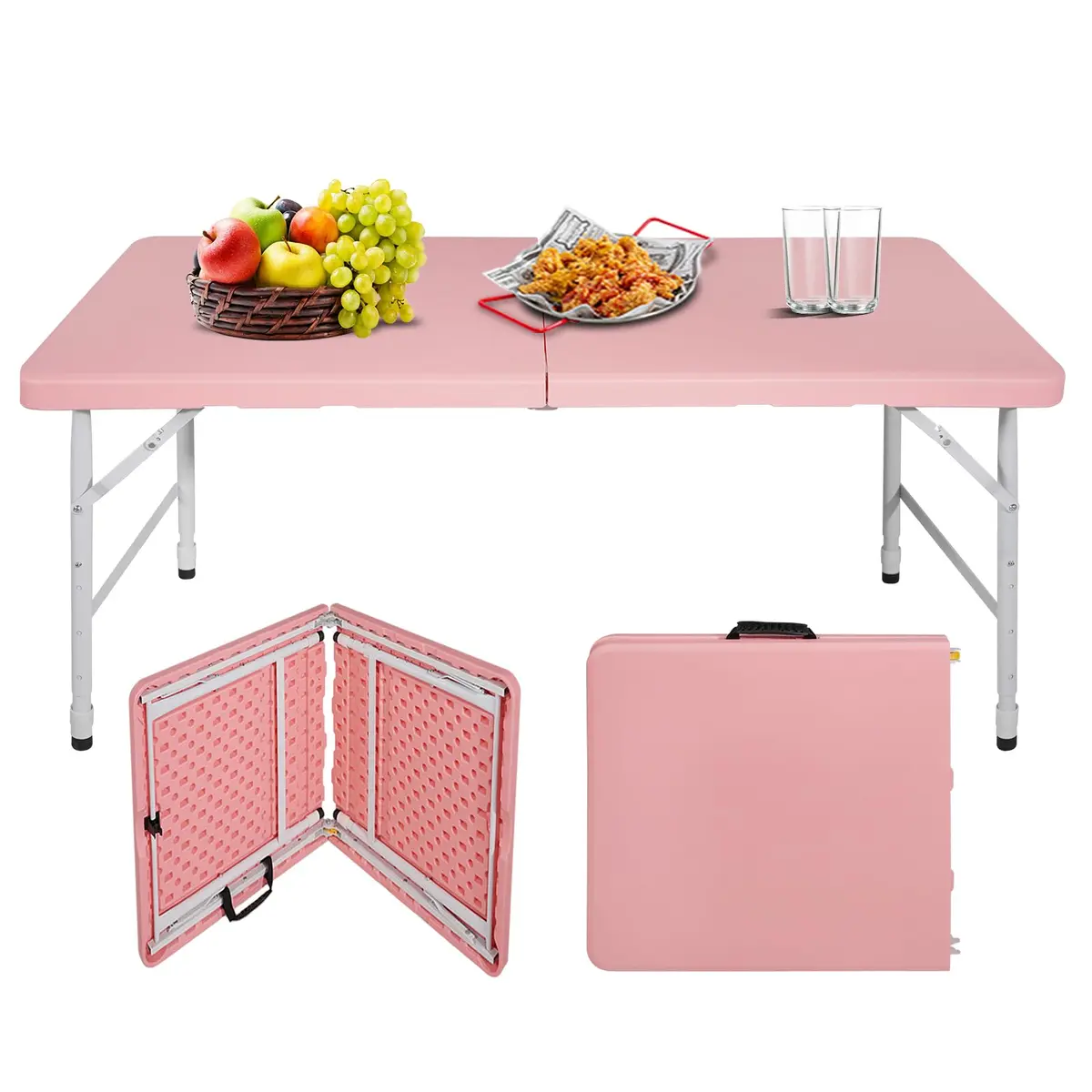 ICSPOID 4FT Pink Folding Table | Portable Plastic Camping Table with 4 Heights & 300 lbs Capacity - main product image