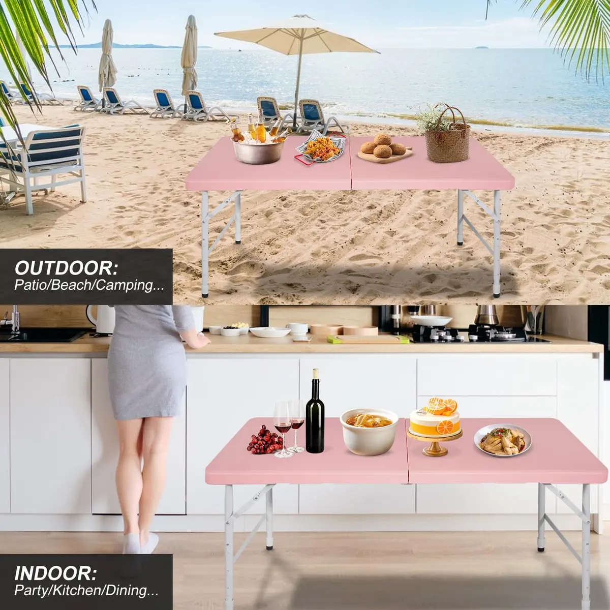 ICSPOID 4FT Pink Folding Table | Portable Plastic Camping Table with 4 Heights & 300 lbs Capacity - view 5
