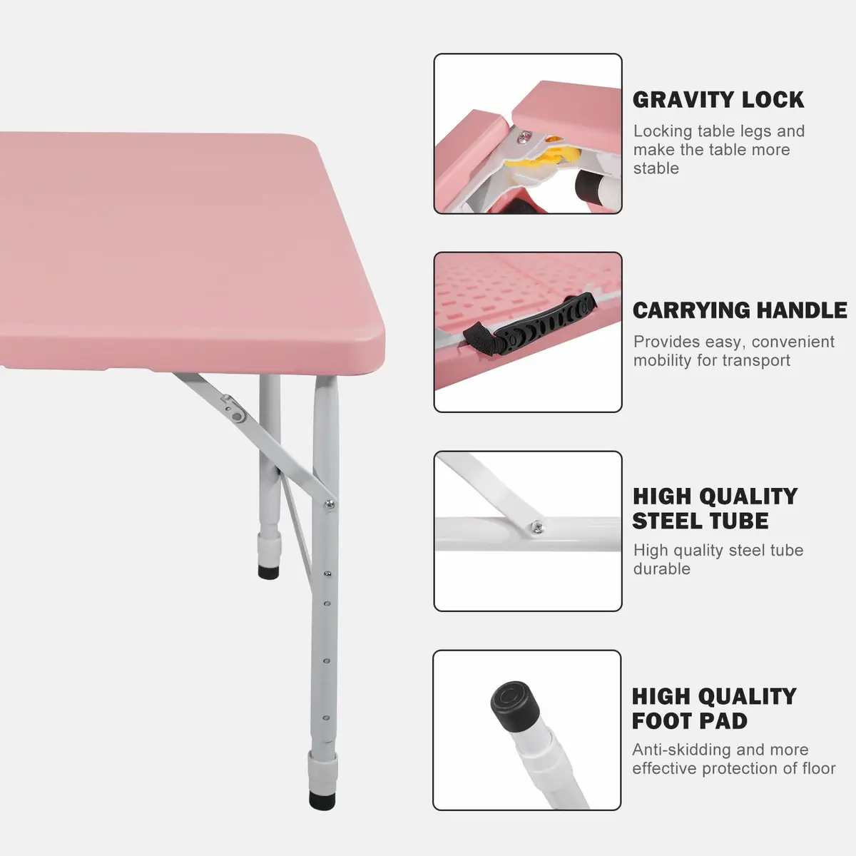 ICSPOID 4FT Pink Folding Table | Portable Plastic Camping Table with 4 Heights & 300 lbs Capacity - view 3