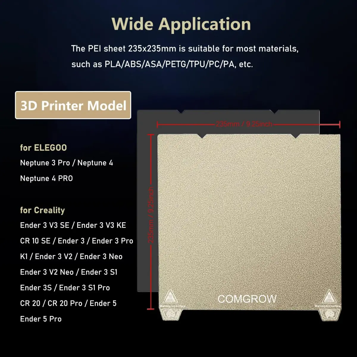 Comgrow PEI Spring Steel Build Plate 235x235mm | Textured Surface for Enhanced Adhesion - view 7