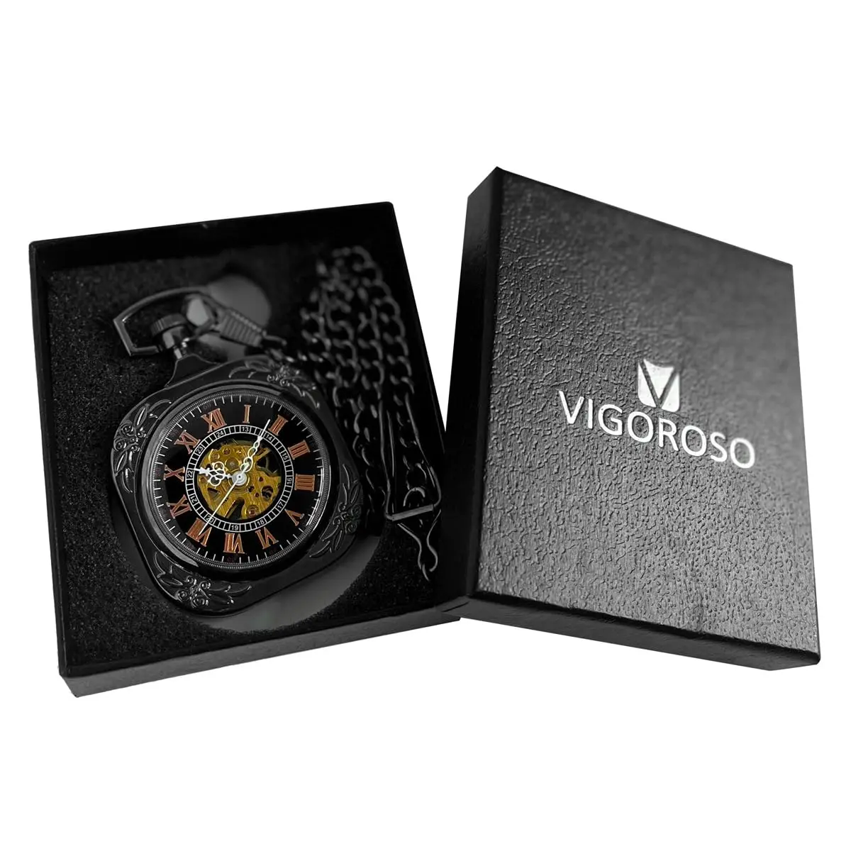VIGOROSO Vintage Pocket Watch with Chain | Mechanical Skeleton Watch for Men & Women - view 6