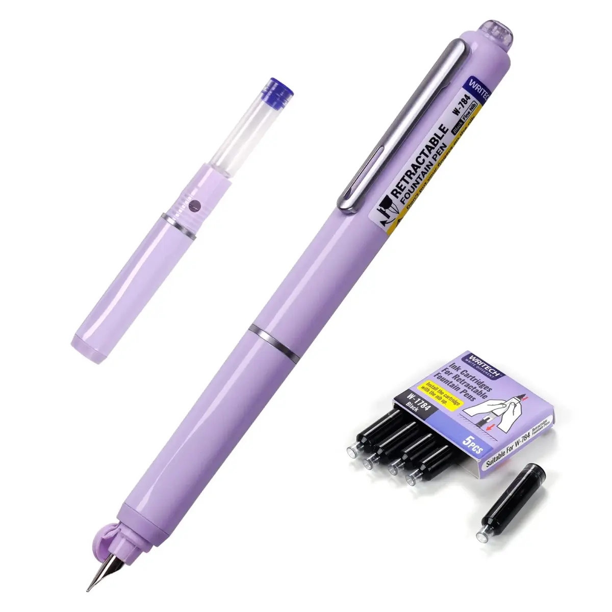 WRITECH Retractable Fountain Pen Fine Nib: Black Ink Set with 5 Cartridges | Smooth Writing for Calligraphy, Sketching, Journaling (Purple) - main product image