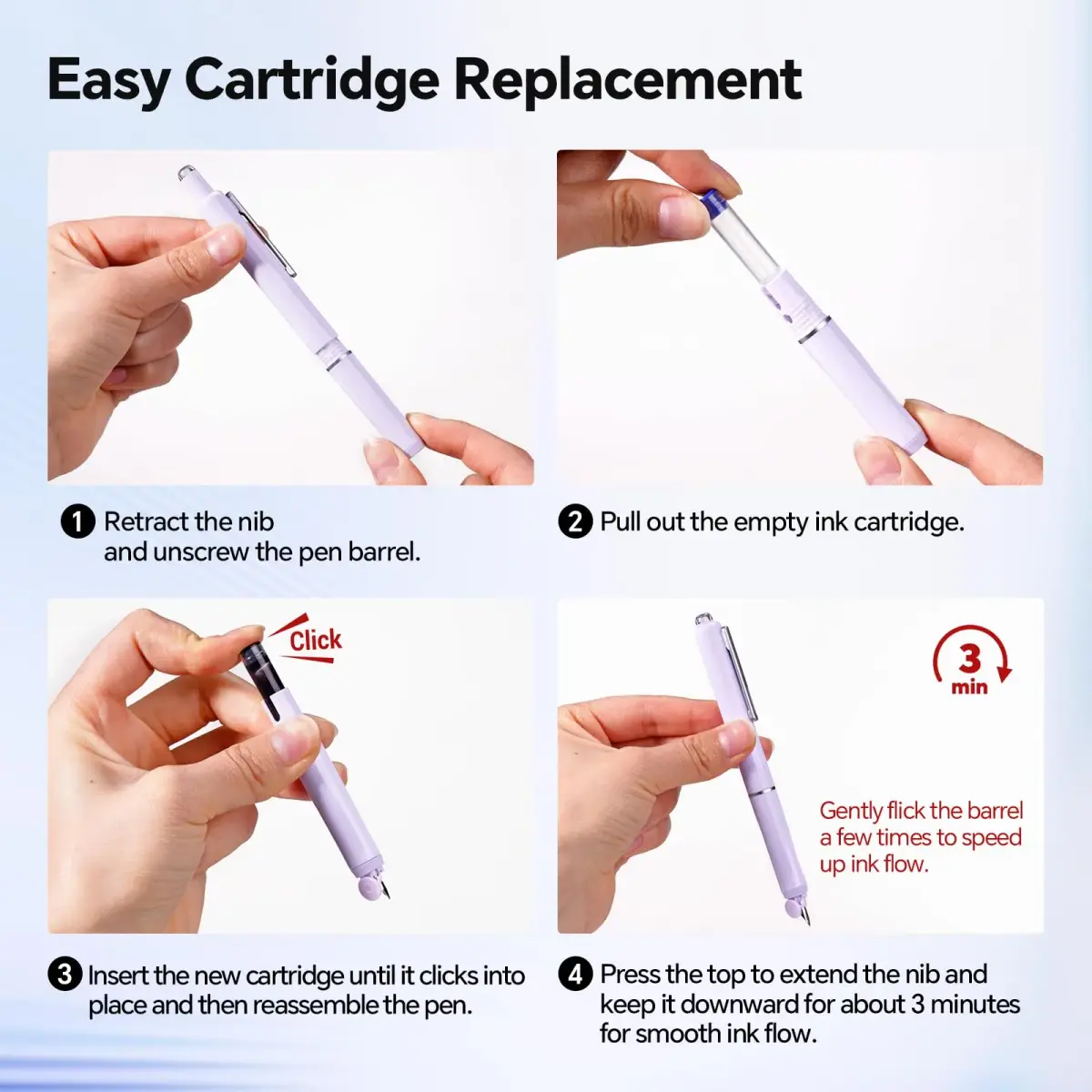 WRITECH Retractable Fountain Pen Fine Nib: Black Ink Set with 5 Cartridges | Smooth Writing for Calligraphy, Sketching, Journaling (Purple) - view 2